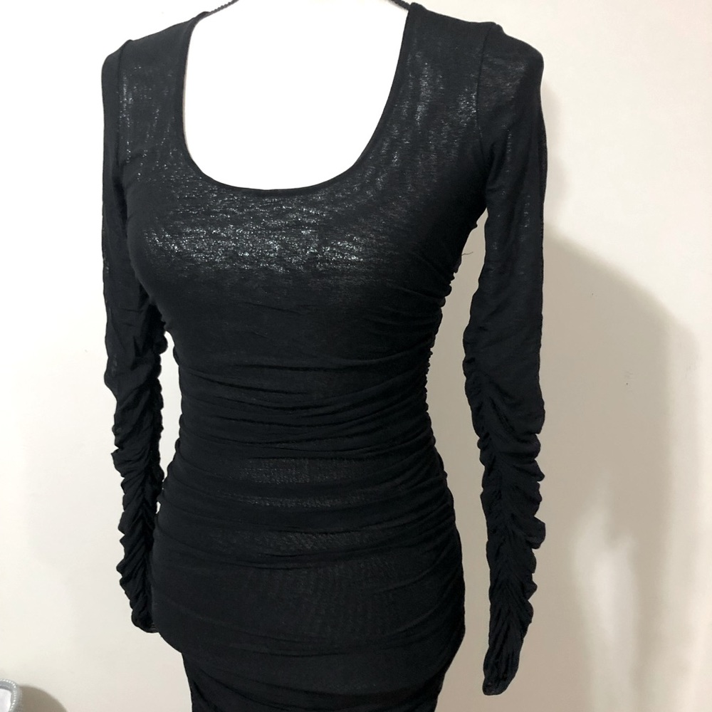 Black Hem Glitter Long Sleeve Bodycon Ruched Dress Size S